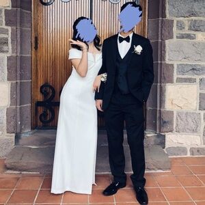 Vince Camuto white off the shoulder maxi prom dress